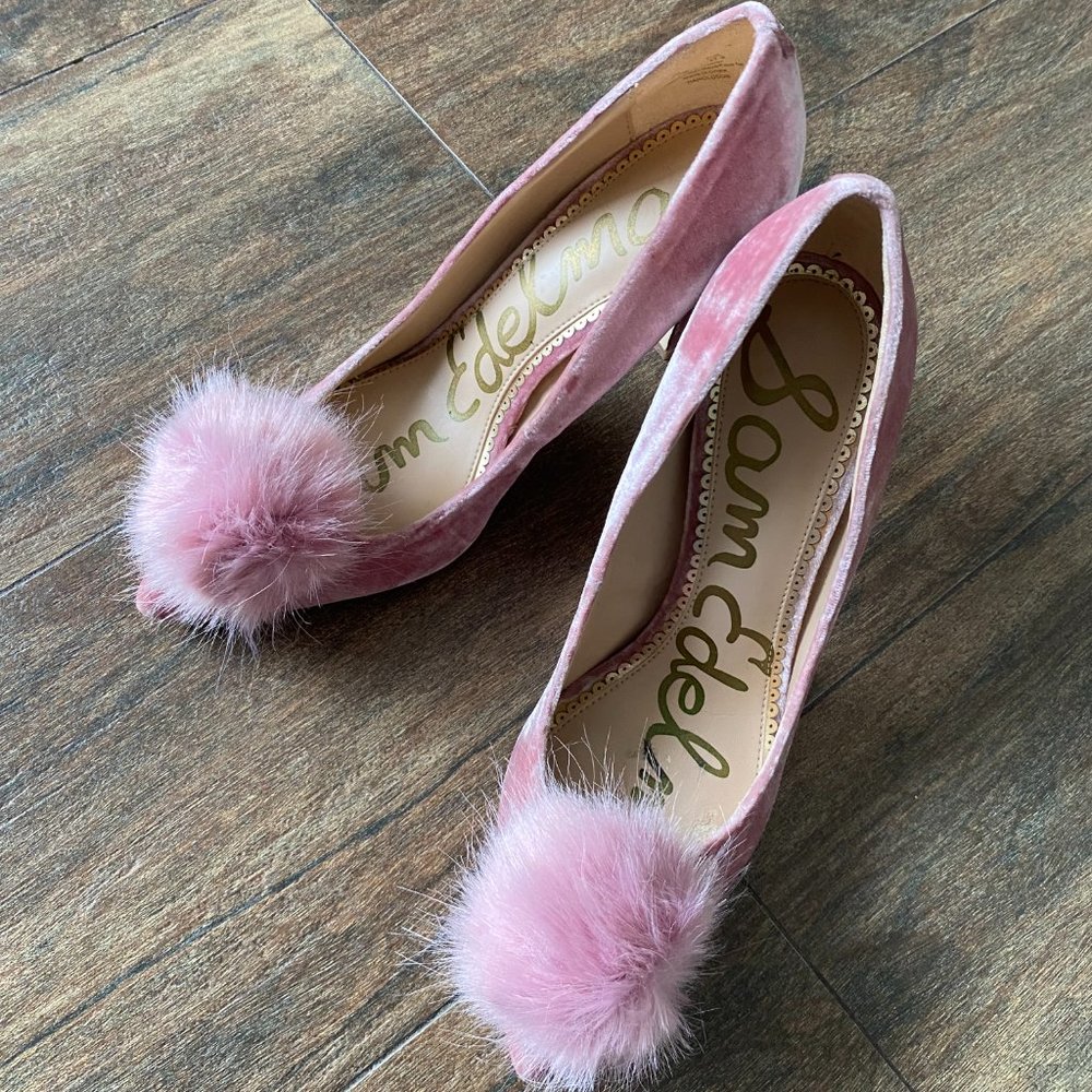 Sam Edelman Pink Velvet Pom-Pom pumps 7.5